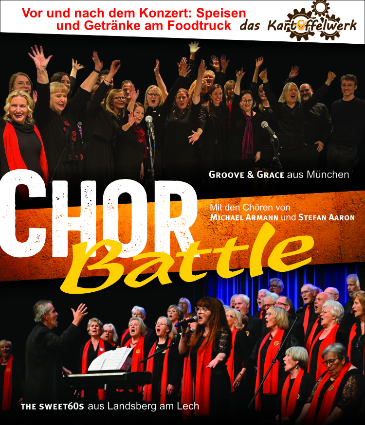 Chor Battle Windach Maria am Weg Michael Armanns Gospelchor the sweet60s und der Münchener Chor Groove&Grace, geleitet von dem Pianisten, Sänger und Komponisten Stefan Aaron treffen sich zu einem gemeinsamen Chorabend mit jeweils eigenen Musikprogrammen in der Autobahnkirche Maria am Wege in Windach. Ein gemeinsamer Schlußsong der beiden Chöre bildet den Höhepunkt des Konzertabends.